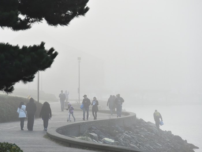  A strong inversion over the south coast has trapped an extensive area of fog over the Strait of Georgia and surrounding areas, says Environment Canada. Photo Dan Toulgoet