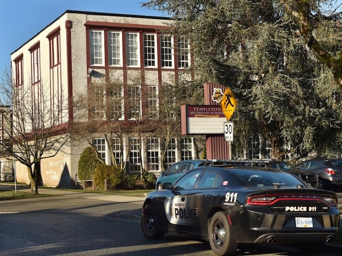  Police cars were parked outside Templeton secondary school Monday morning after an anonymous threat of violence was posted on social media. Photo Dan Toulgoet