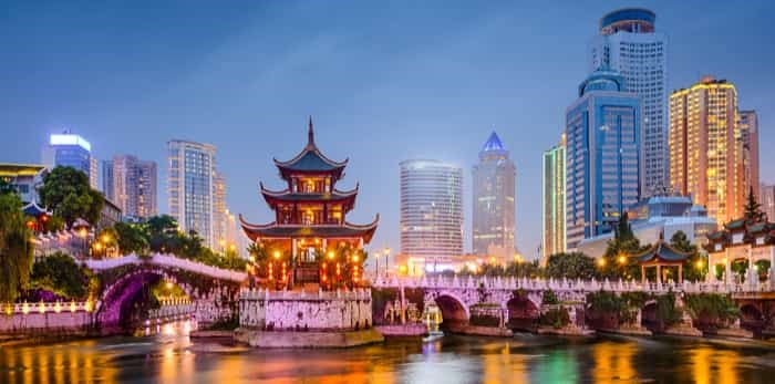  Guiyang, China skyline at Jiaxiu Pavilion on the Nanming River. / Shutterstock