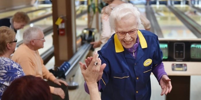  Ethel Morley turns 99 years old on Wednesday, Jan. 16. She celebrated her birthday at Commodore Lanes Monday afternoon. Photo by Dan Toulgoet.