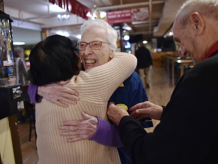  Ethel Morley receives congratulations from numerous friends Monday afternoon during her 99th birthday celebration at Commodore Lanes. Photo by Dan Toulgoet