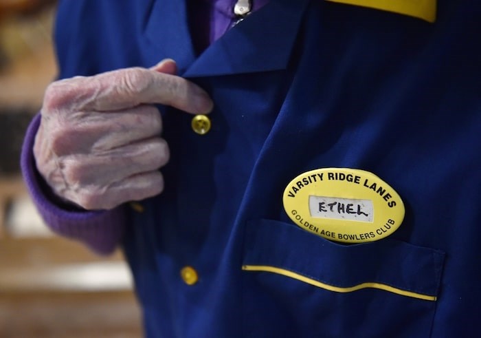  Ethel Morley's name tag from years past at Varsity Ridge Lanes. Photo by Dan Toulgoet