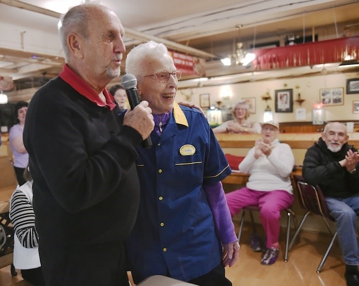  Commodore Lanes league manager Ken Hayden announces Morley's birthday at the lanes Monday afternoon. Photo by Dan Toulgoet