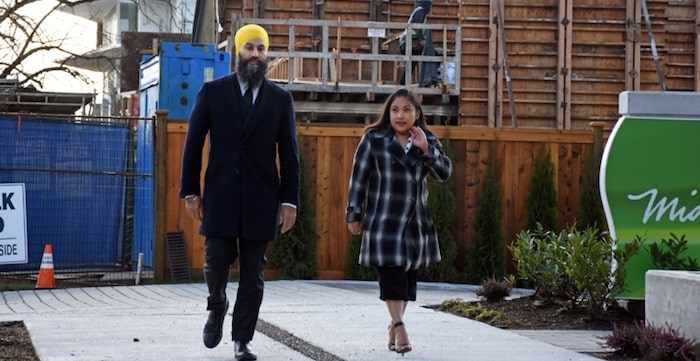  NDP leader Jagmeet Singh was joined by Burnaby renter Farrah Gavina at a Monday press conference. Photo by Kelvin Gawley/Burnaby Now