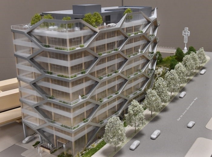  On Jan. 21, the Development Permit Board voted unanimously in favour of a 10-storey building that would house Nature’s Path’s new head office. Although the architects took into consideration the building’s proximity to the East Van cross, relocation of the public art piece is not out of the question. Photo Dan Toulgoet