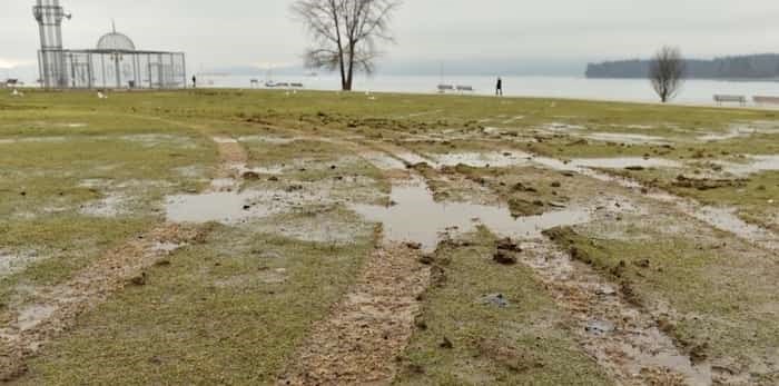  Tire ruts between four and six inches are spread across the field at Vanier Park after vandals drove an SUV across the field early Sunday morning. Photo Dan Toulgoet