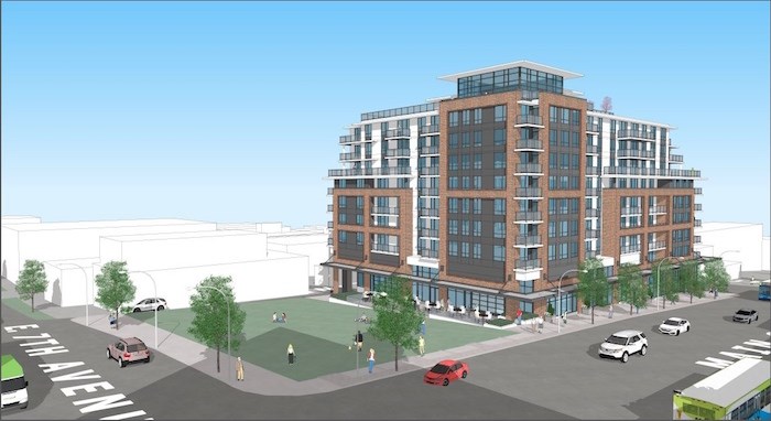  The nine-storey building will feature 145 units — 29 studios, 43 one-bedrooms, 43 two-bedrooms and 30 three-bedrooms. This rendering shows the view from the corner of Main and 7th.