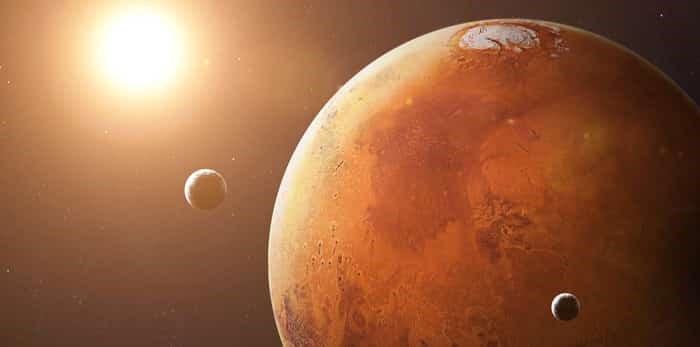  Colorful picture represents Mars and its moons. Elements of this image furnished by NASA / Shutterstock