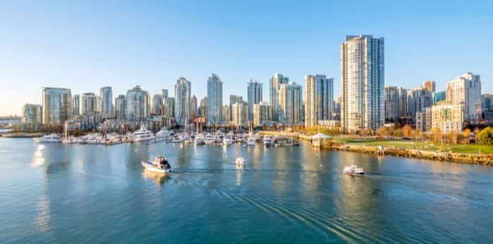  View from the Cambie Bridge. Downtown skyline in Vancouver, Canada