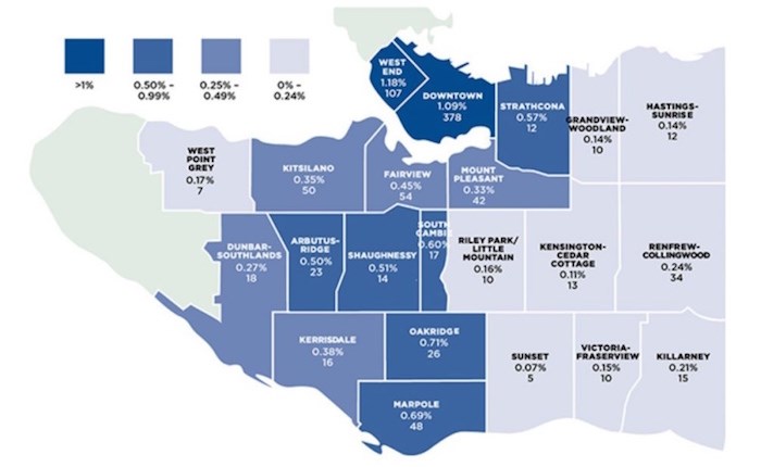  Vacant properties in Vancouver in 2018 based on the declarations to date is similar to last year, according to the City of Vancouver, with the largest concentration in the downtown area. Map courtesy City of Vancouver