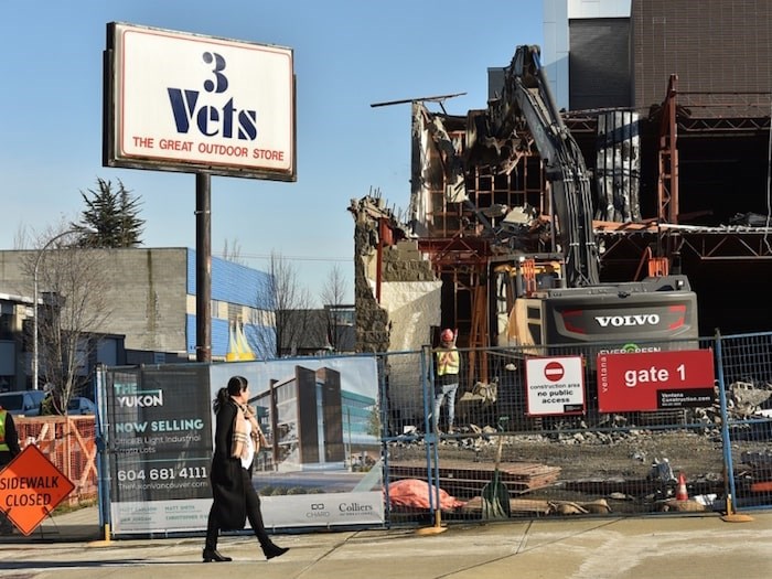  The 3 Vets building on Yukon Street has sat dormant since closing in December 2017. Demolition finally began this week, with a backhoe making short work of the concrete and metal structure. Photo Dan Toulgoet