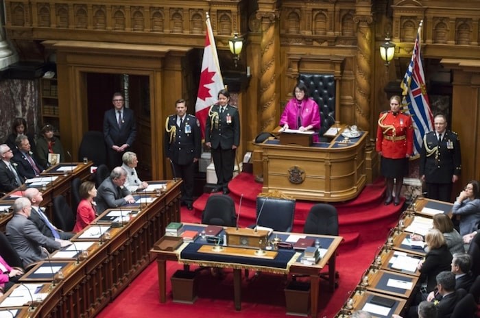  B.C. Lieut.-Gov. Janet Austin delivers the speech from the throne at the legislature. Feb. 12, 2019. Photo by Jonathan Hayward/The Canadian Press