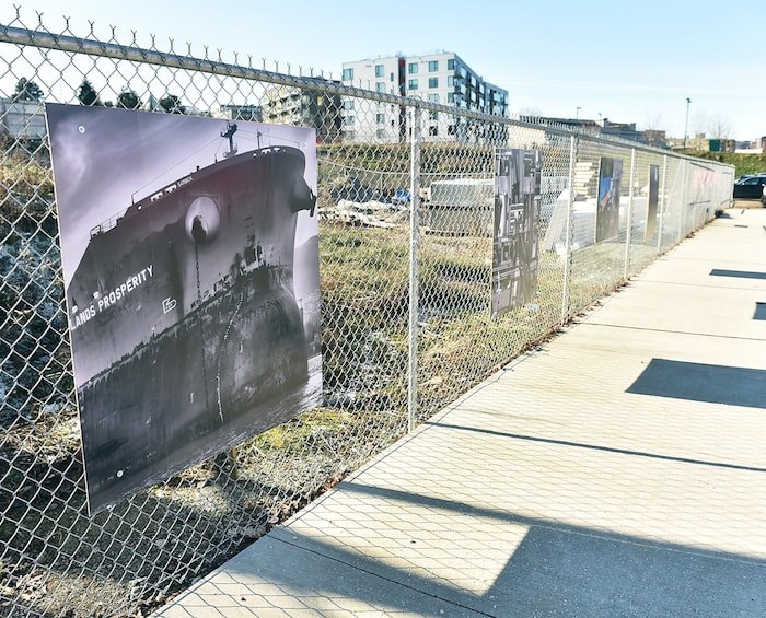  These four photographs by Vancouver artists are hung outside two galleries on Great Northern Way that will be torn down to make way for the Broadway SkyTrain extension. Photo by Dan Toulgoet