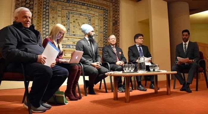  Five of the six candidates in the Burnaby South byelection participated in a debate Tuesday evening. Left to right: independent Terry Grimwood, Laura-Lynn Tyler Thompson of the People's Party, NDP Leader Jagmeet Singh, Liberal Richard Lee, Conservative Jay Shin and moderator Jason D'Souza. Photo by Kelvin Gawley