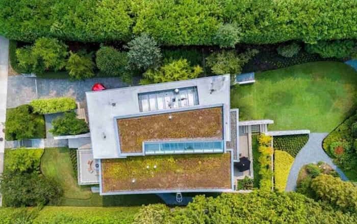  This aerial shot shows the home's green roof and row of skylights. Listing agent: Faith Wilson