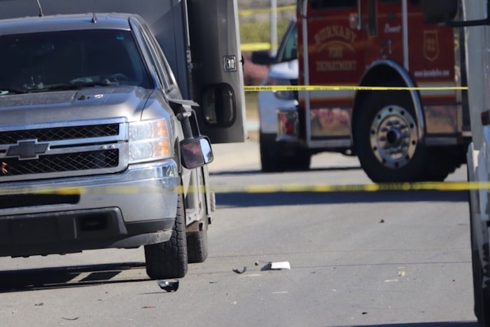  A police vehicle that carries police dogs was damaged Monday in a hit-and-run incident. Photo by Shane Mackichan