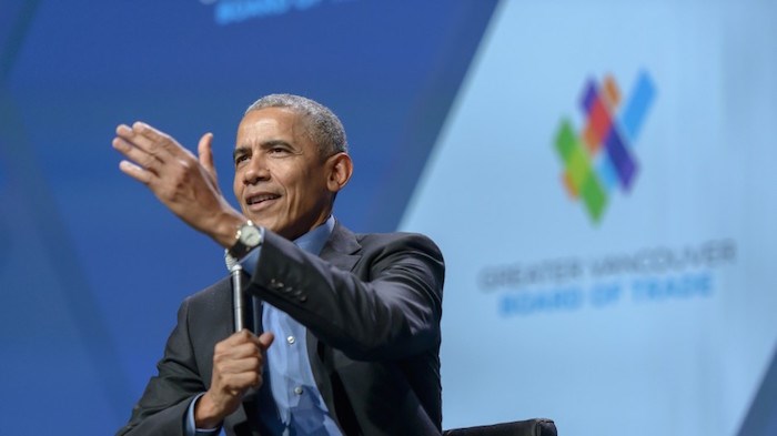  The Greater Vancouver Board of Trade hosted the 44th President of the United States, Barack Obama, in Vancouver on March 5, 2019. The event drew a sold-out crowd of more than 3,500 people to the Vancouver Convention Centre West for a moderated conversation between President Obama and the Board of Trade’s President and CEO, Iain Black. Photo via Business In Vancouver