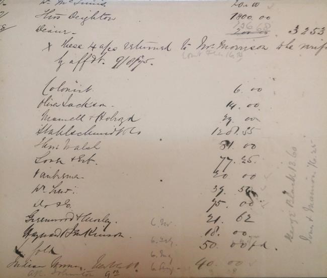  A handwritten document from 1875, shown in a handout photo, showing the debts left behind following the death of John (Gassy Jack) Deighton, a gold prospector, steamboat pilot and saloon operator in New Westminster and Granville, whose bar in what is now Gastown helped found the future City of Vancouver. The document is being auctioned online this Saturday in Vancouver. THE CANADIAN PRESS/ HO-Brian Grant Duff