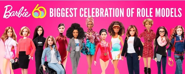  Barbie is celebrating its 60th anniversary with a line of role model dolls, including Olympic champion Tessa Virtue (fifth from the left). Photo Barbie