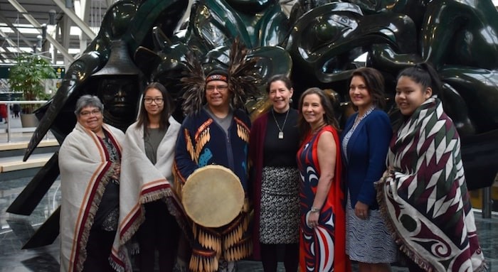  Iskwew Air CEO Teara Fraser (third from right) was at Vancouver International Airport on Friday for the airline's official launch. Photo: Alyse Kotyk