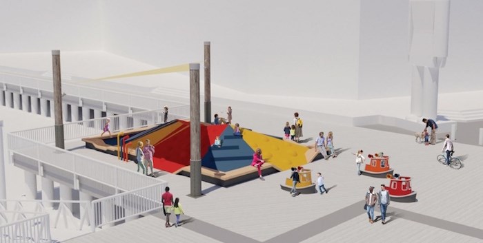  An artists rendering shows the future play area that will replace Tugger on Westminster Quay. The tugboat structure, located next to River Market and Discovery Centre since 1986, is corroding and needs to be removed. Image contributed.