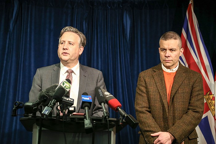  鶹ýӳMayor Kennedy Stewart with Indigenous Homelessness Steering Committee chair, David Wells, at a press conference at City Hall on Wednesday, March 13th, 2019. Photo Bob Kronbauer