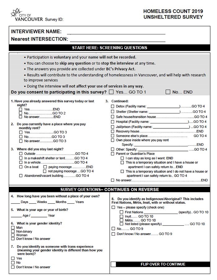  2019 Homeless Count Survey, Page 1. Courtesy City of Vancouver