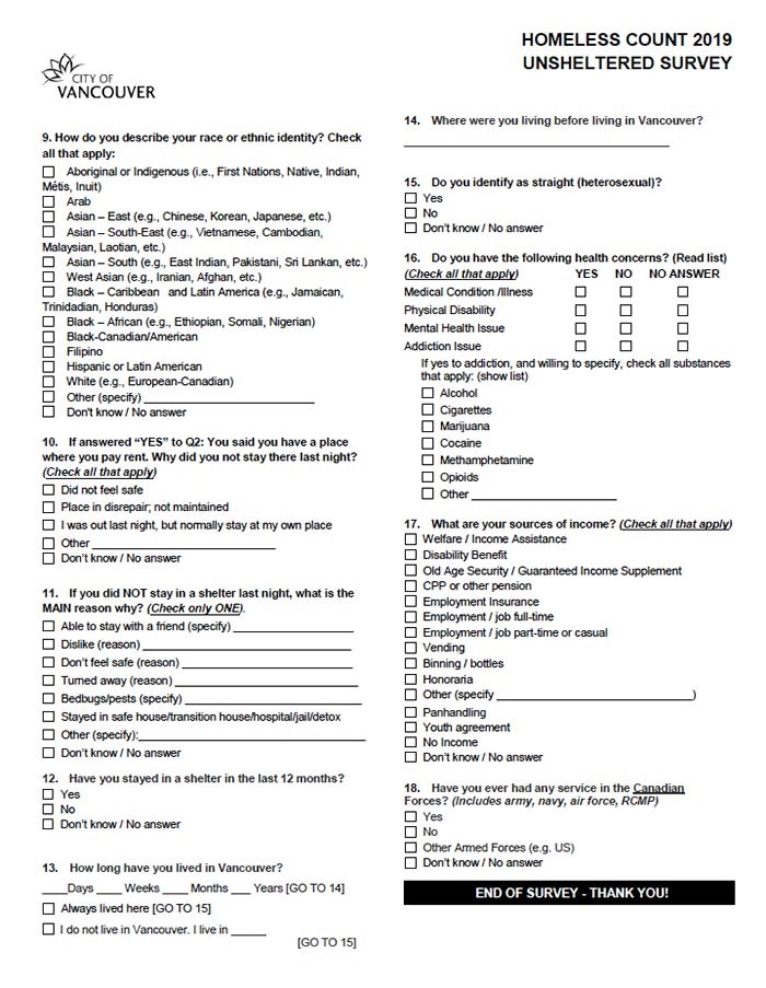  2019 Homeless Count Survey, Page 2. Courtesy City of Vancouver