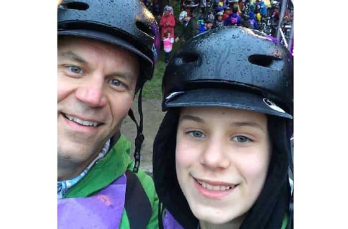  Dale Bracewell, seen here with his son at a biking event in Montreal, was knocked off his bike Thursday by what he described as an aggressive driver. Photo courtesy Dale Bracewell’s Twitter account