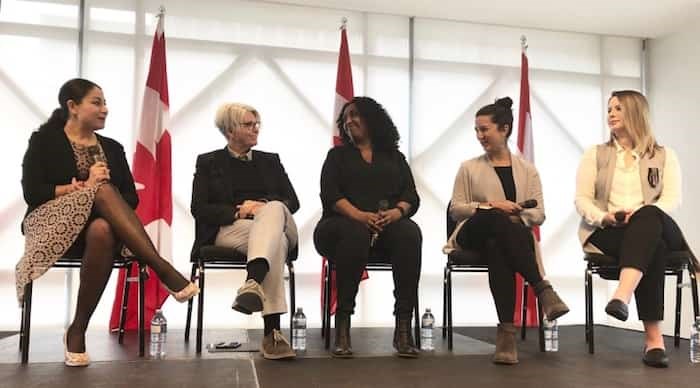  From left: Maryam Monsef, federal minister for women and gender equality, speaks with Tracy Porteous, executive director of Ending Violence Association of B.C., Mebrat Beyene, executive director of WISH Drop-In Centre, Kasari Govender, executive director of West Coast LEAF and Colette Trudeau with the Métis Provincial Council of British Columbia. Photo Jessica Kerr