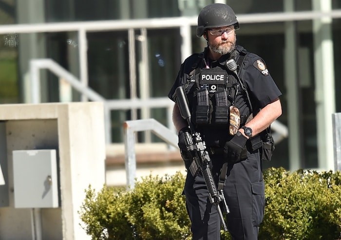  There was a heavy police presence around Vancouver’s Langara College Monday afternoon after the school was evacuated due to a fire. Police believe the fire may have been deliberately set. Photo Dan Toulgoet