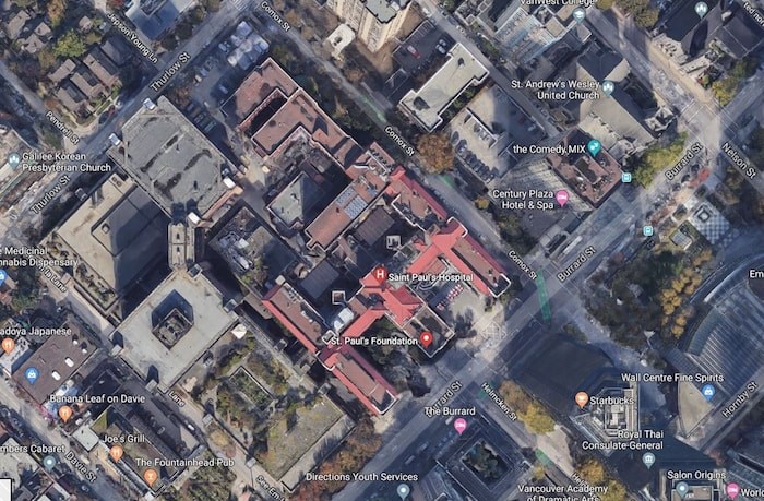  Satellite view of St. Paul's Hospital. Image via Google.
