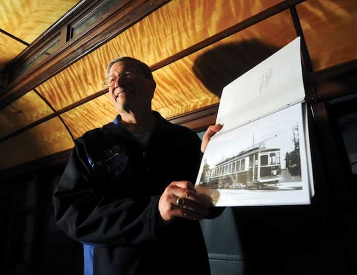  Don Evans discusses the restoration of the Lonsdale streetcar in preparation for permanent installation in the new museum coming to the Lower Lonsdale neighbourhood. photo Mike Wakefield, North Shore News