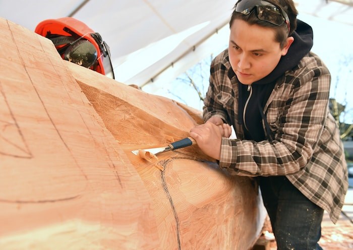  Squamish First Nation artist James Harry and his father Xwalacktun are teaming up with school-aged kids from across Vancouver to carve a 44-foot welcome post that will be erected outside the Vancouver School Board office in late June. Photo by Dan Toulgoet