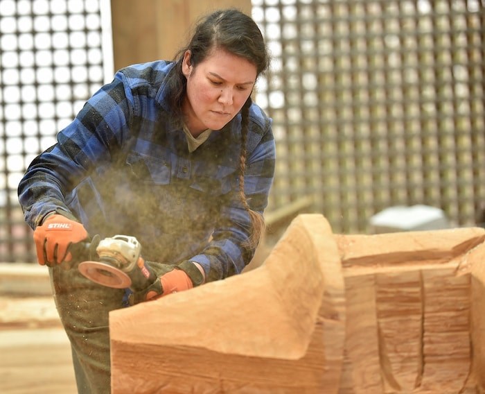  Chrystal Sparrow is one of four Indigenous artists tasked with carving a trio of welcome posts that will be erected outside the Vancouver School Board office and at the carving pavilion adjacent to Britannia secondary. Photo by Dan Toulgoet