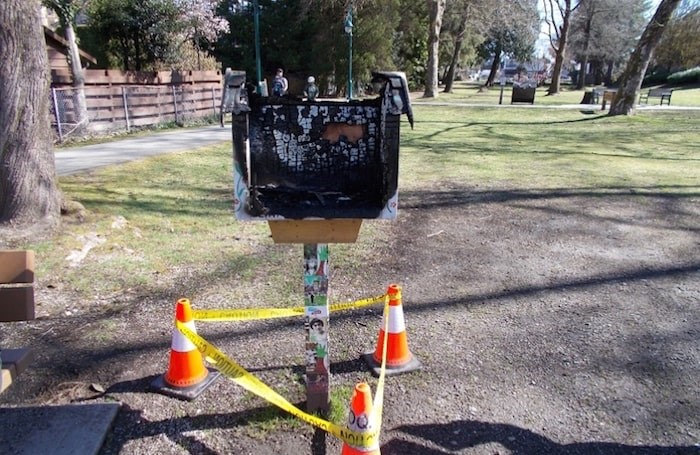  A burned 'Little Free Library' Photo courtesy Coquitlam RCMP