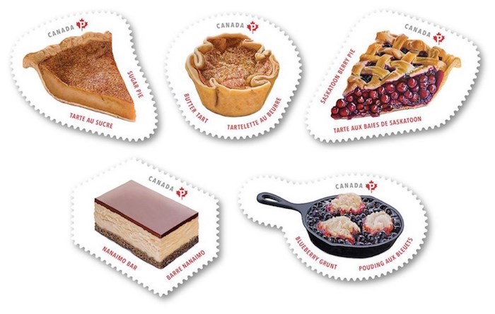  Clockwise from top left: The Sweet Canada stamp issue features sugar pie from Quebec, butter tarts from Ontario, Saskatoon berry pie from the Prairies, blueberry grunt from the East Coast, and Nanaimo bars. Photograph courtesy Canada Post