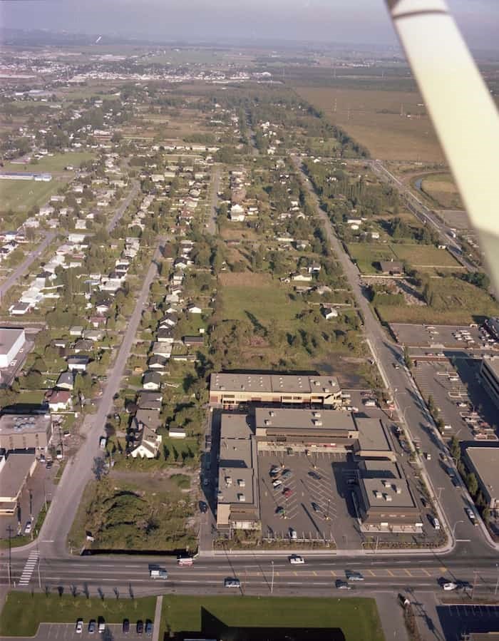  This aerial photograph was taken in 1978 looking east straight down Alexandra from No. 3 Road. Photo: Richmond Archives Photograph #1988 10 606.