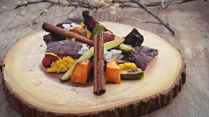  Edmonton chef Shane Shartrand prepared this meal, which consists of bison heart wrapped in poplar branches, during the filming of a Red Chef Revival episode centred on the Blood First Nation Reserve in southern Alberta. Photo: Ryan Mah and Daniel Berish