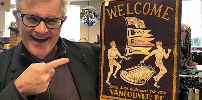  Former Coquitlam councillor Terry O'Neill shows off the banner from the British Empire Games that were held in Vancouver in 1954 that he found at Crossroads Hospice Society's thrift shop. He's donating the banner to the BC Sports Hall of Fame.