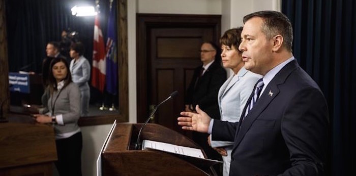  Alberta Premier Jason Kenney and Minister of Energy Sonya Savage discuss preserving Canada's economic prosperity act, which enables Alberta to restrict energy exports, during a press conference, in Edmonton on Wednesday May 1, 2019. THE CANADIAN PRESS/Jason Franson