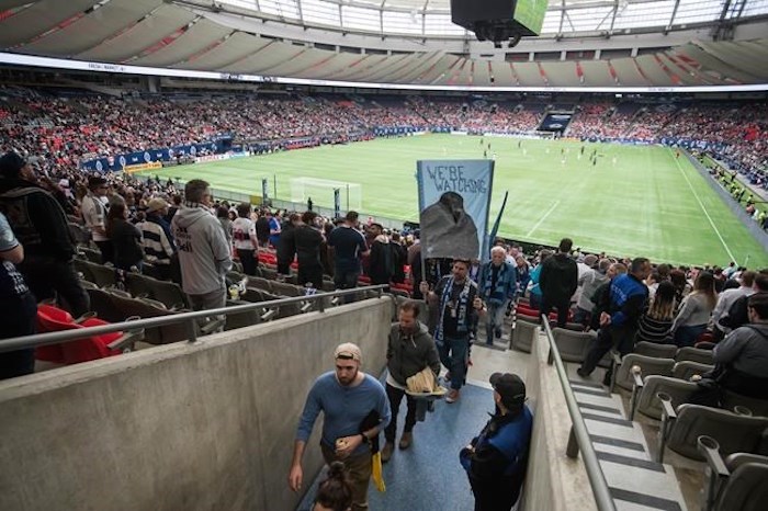  Vancouver Whitecaps fans leave their seats during an in-game walkout protest to show support for members of the 2008 women's Whitecaps and under-20 Canadian national team who have alleged abuse by a former coach who ran both teams, as the Whitecaps play the Philadelphia Union during the first half of an MLS soccer match in Vancouver, on Saturday April 27, 2019. THE CANADIAN PRESS/Darryl Dyck