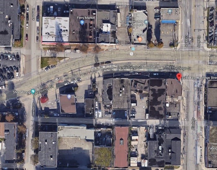  Google satellite view of existing buildings along East Hasings near Clark Drive.