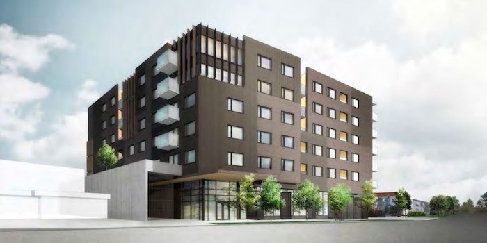  The Raymur Avenue rezoning application, which was filed concurrently with the East Hastings rezoning application, proposes a five-storey condo building with 59 units — 39 two-bedrooms and 20 three-bedrooms. Rendering Yamamoto Architecture