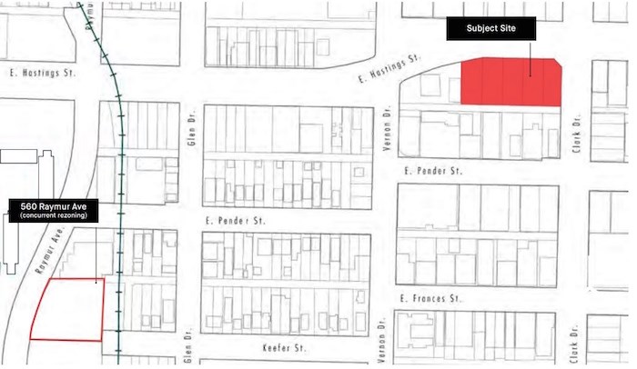  Context map showing locations of the developments proposed for both the East Hastings and the Raymur Avenue sites.