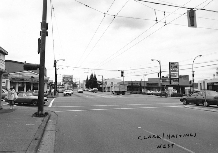  Clark Drive and East Hastings Street, looking west, sometime between 1980 and 1997 when the Brave Bull's House of Steaks sign was still up. City of Vancouver Archives CVA 772-1612