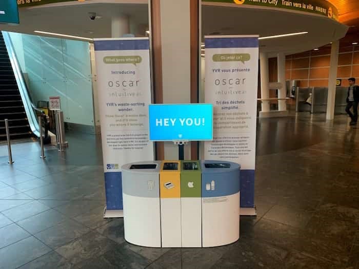  Oscar, an artificial intelligence enabled waste bin helps visitors sort their trash at YVR. Photo: Submitted