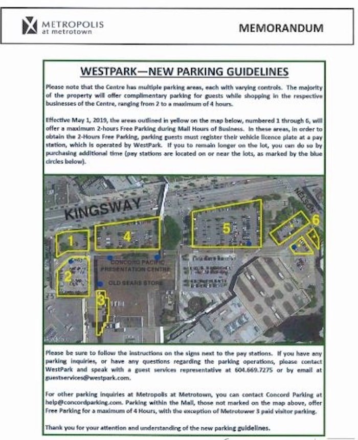  The yellow areas show where changes to parking rules have been made at Metrotown mall. Screenshot.