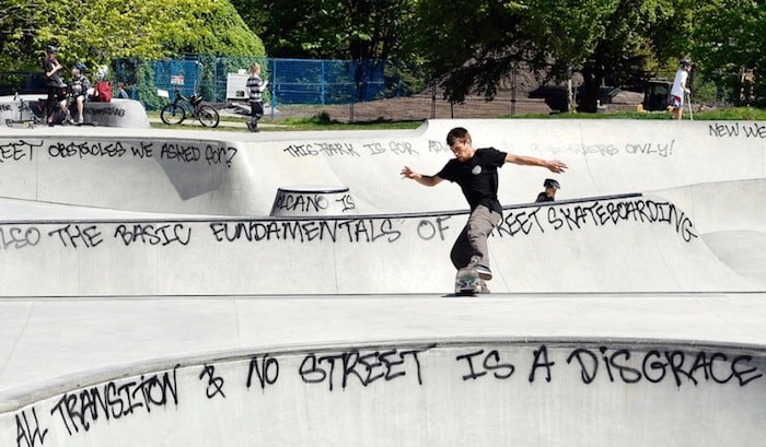  Graffiti critiques have been sprayed all over the new skate park in Queen's Park. Photo by Jennifer Gauthier.