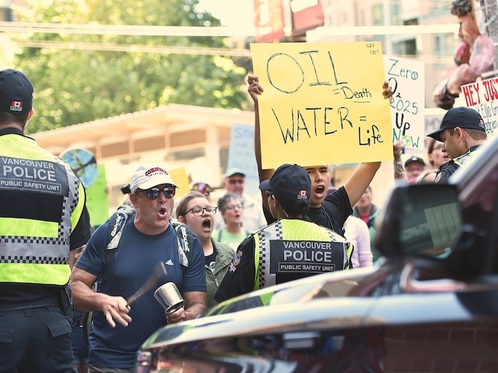  Protesters gathered outside the Opus Hotel in Vancouver this afternoon where Prime Minister Justin Trudeau was speaking at a Liberal Party fundraiser. Photo Dan Toulgoet